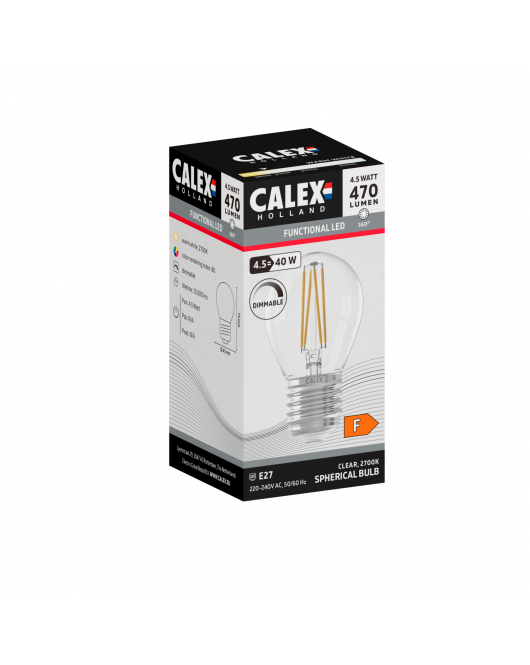 CALEX KOGEL P45 HELDER STRAIGHT FILAMENT 220-240V 4.5W 470LM 2700K E27 DIMBAAR MET LED DIMMER