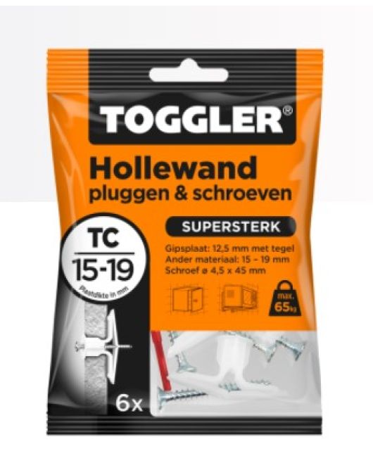 TOGGLER HOLLEWAND PLUG TC-6S + SCHROEVEN ~ 6ST. IN EEN OPHANGZAKJE (VERKOOPEENHEID 6 OPHANGZAKJES)