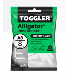TOGGLER ALLIGATOR PLUG ZONDER FLENS A8 ~ 20ST. IN EEN OPHANGZAK (VERKOOPEENHEID 6 OPHANGZAKJES)