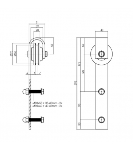 SET VAN 2 ROLLERS RECHT TBV SCHUIFDEURSYSTEEM 450101, INCL. BEVESTIGING, MAT ZWART
