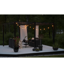 LED LICHTSNOER FEESTVERLICHTING 20X PEER EXTRA WARMWITTE FILAMENT LED, 4 TRAPS DIMMER, LENGTE 9.75M, SPACING 50CM, 10M AANSLUITSNOER, ZWARTE KABEL, MEMORYFUNCTIE, 24V BUITENTRAFO 230-240V