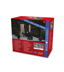 LED LICHTSNOER FEESTVERLICHTING 20X PEER EXTRA WARMWITTE FILAMENT LED, 4 TRAPS DIMMER, LENGTE 9.75M, SPACING 50CM, 10M AANSLUITSNOER, ZWARTE KABEL, MEMORYFUNCTIE, 24V BUITENTRAFO 230-240V