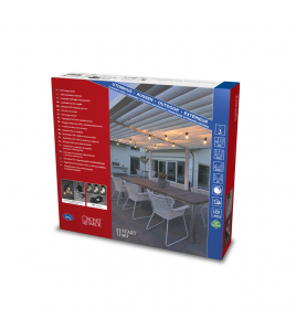 LED KOPPELBAAR LICHTSNOER FEESTVERLICHTING START SET, 10 PEER, VERWISSELBARE LICHTBRON (5691-120), EXTRA WARMWITTE FILAMENT POWERLED, 4 TRAPS DIMMER, LENGTE 10M, SPACING 100CM, 10M AANSLUITSNOER, ZWARTE KABEL, MEMORYFUNCTIE, OPHANGOOGJES, 24V BUITENT