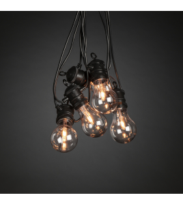 LED KOPPELBAAR LICHTSNOER FEESTVERLICHTING START SET, 10 PEER, VERWISSELBARE LICHTBRON (5691-120), EXTRA WARMWITTE FILAMENT POWERLED, 4 TRAPS DIMMER, LENGTE 10M, SPACING 100CM, 10M AANSLUITSNOER, ZWARTE KABEL, MEMORYFUNCTIE, OPHANGOOGJES, 24V BUITENT