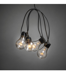 LED KOPPELBAAR LICHTSNOER FEESTVERLICHTING STARTSET. 10 PEER EXTRA WARMWITTE FILAMENT, 4 TRAPS DIMMER, LENGTE 10M, SPACING 100CM, 10M AANSLUITSNOER, ZWARTE KABEL, MEMORYFUNCTIE, 24V BUITENTRAFO, VERLENGBAAR TOT MAX 40M LENGTE 230-240V