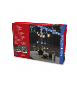LED KOPPELBAAR LICHTSNOER FEESTVERLICHTING STARTSET, 10 GLOBES EXTRA WARMWITTE FILAMENT POWERLED, 4 TRAPS DIMMER, LENGTE 10M, VERWISSELBARE LICHTBRON, SPACING 100CM, 10M AANSLUITSNOER, ZWARTE KABEL, MEMORYFUNCTIE, OPHANGOOGJES, 24V BUITENTRAFO, VERLE