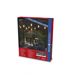 LED KOPPELBAAR LICHTSNOER FEESTVERLICHTING STARTSET, 10 EDISON EXTRA WARMWITTE FILAMENT POWERLED, 4 TRAPS DIMMER, LENGTE 10M, VERWISSELBARE LICHTBRON, SPACING 100CM, 10M AANSLUITSNOER, ZWARTE KABEL, MEMORYFUNCTIE, OPHANGOOGJES, 24V BUITENTRAFO, VERLE