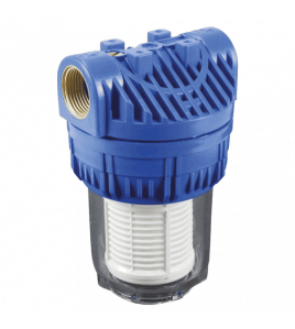 PROFEC CARTRIDGEFILTER 5" KUNSTSTOF 3/4" BINNENDRAAD 8BAR 60MICRON NYLON GAAS BLAUW TYPE MET 1/8" MANOMETERAANSLUITING 5"