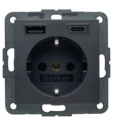 BERKER S1 CONTACTDOOS - INBOUW - 1-VOUDIG - RANDAARDE - USB A/C - MET AANRAAKBEVEILIGING - ANTRACIET