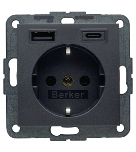 BERKER S1 CONTACTDOOS - INBOUW - 1-VOUDIG - RANDAARDE - USB A/C - MET AANRAAKBEVEILIGING - ANTRACIET