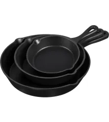 GIETIJZEREN PAN - SKILLET - SET 3 STUKS - 15 CM, 20 CM EN 25 CM - ZWART GEEMAILLEERD
